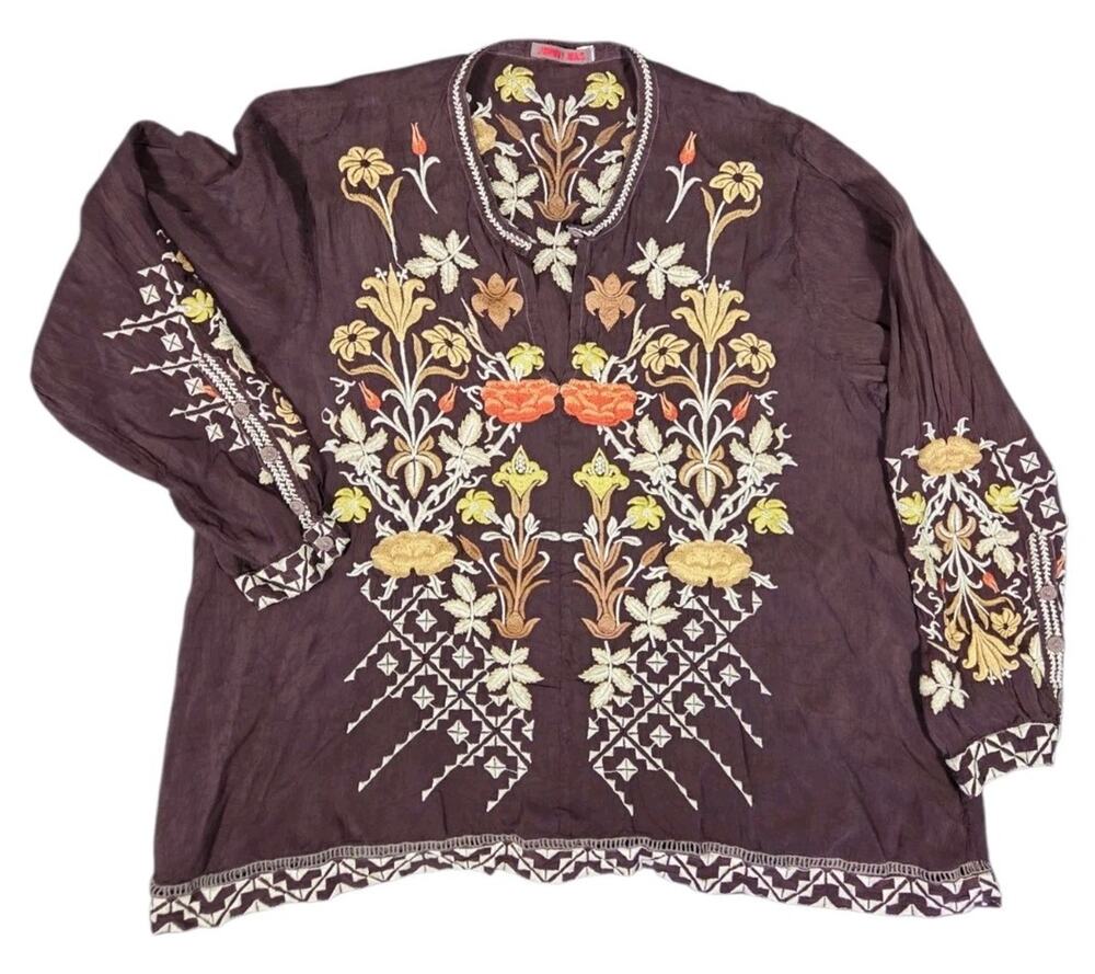 Johnny Was Frankie Blouse Floral Embroidered Brown Boho Cottagecore Hippie Large